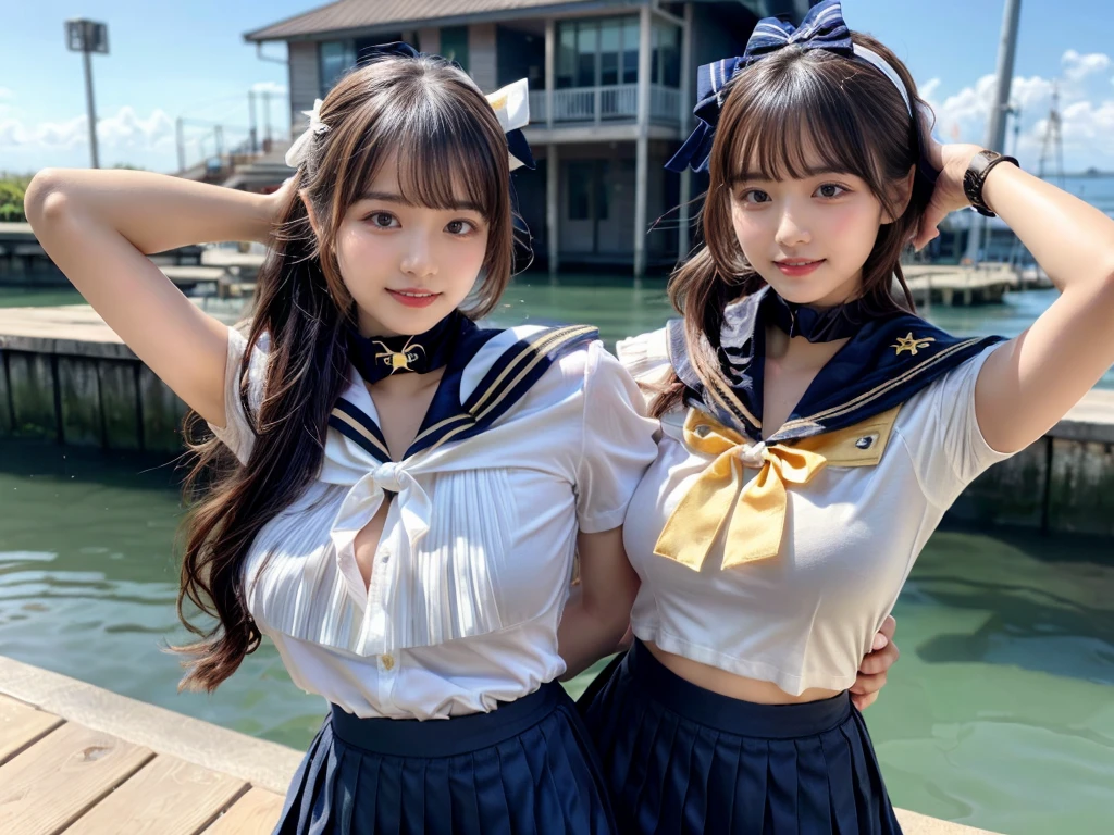 (((very heavy chest))),NSFW, 16k raw photos, highest quality, masterpiece, ultra high resolution, ((She is wearing Beautiful exposed redShe is wearing (a high school sailor uniform).
(navy sailor collar:1.4),(white shirt:1.4),(navy pleats skirt:1.4),(navy bow:1.4))).movie, ((2 girls, , 2 schoolgirls)),((attractive expression)),eyes shine、 looking at the viewer, natural skin texture very heavy chest))),((( metal black ribbon around the neck))).star handle mold、((yellow eyes)),Realistic eye and face details, lip whole, lipstick makeup), fluffy ponytail hair, laughter, Beautiful feet, tall woman, ((glowing skin)),((Beautiful armpit)), slim_feet, huge breasts, cleavage, beautiful natural places, beautiful flower garden、(detailed background,highly exposed, huge breasts, blurred background,, JK ribbon on the neck, jk ribbon, golden hair, bracelet, water, bangs, split your lips、armpit、beautiful hip line、glowing skin、(((eyes shine brightly))),lotion skin、High leg、((black hair)),highly exposed、Skimpy pink luxury fur coat、beautiful sea background、wind effect、