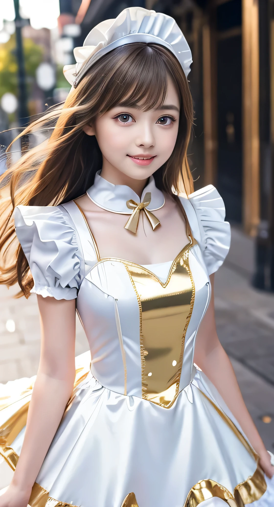 Angelic very beautiful cute young girl,
Beautiful detailed eyes, (5 yo:1.2),
Detailed double eyelids,
(Soft Saturation: 1.3),
(Fair skin: 1.3),v-line jaw,
(Large eyes:1.4),
Long straight brown hair,
see-through bangs,
Sharp Focus,
beautiful detailed face and eyes,
drooping eyes,
small straight nose,
small mouth,
happy smiling with visible teeth, 85mm lens, F/8.0,BREAK (Super shiny white and metallic gold maid costume :1.3),Walking,Brown hair ,(Costumes with strong reflective surfaces:1.3),
(Best Quality:1.2),(Maid costume:1.5),
Raw photo,
High resolution,
perfect detail,
Professional Photography,
Professional Lighting,
Powerful lighting of the costume,In the street