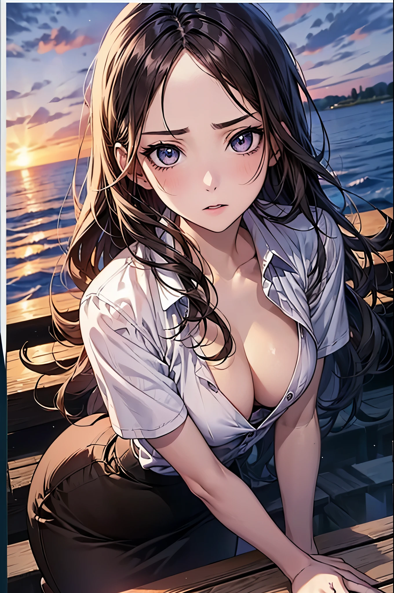 ((Biologically correct limb count))、(( whole body including face))、4K、Masterpiece、((Focus on the face))、((Symmetrical, well-proportioned facial features))、Eyes with delicate depictions、(((1 person)))、Beautiful woman、Outstanding style、Slender Body、、((suit、shirt、Checked Skirt,(High heels)))、(((Above the water)))、(Troubled face)、(Close-up photo of the upper body)、High angle、Photos with a white border around them、Sunset、