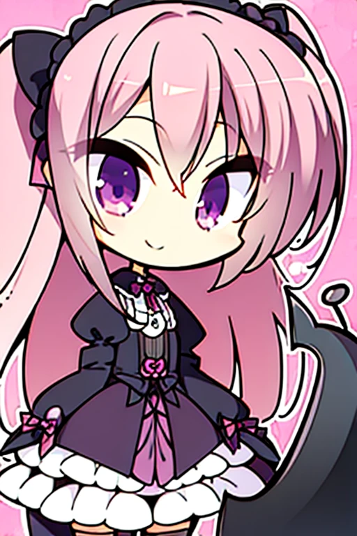 A pink haired woman with violet eyes and an hourglass figure in a Gothic lolita dress is smiling with a scythe