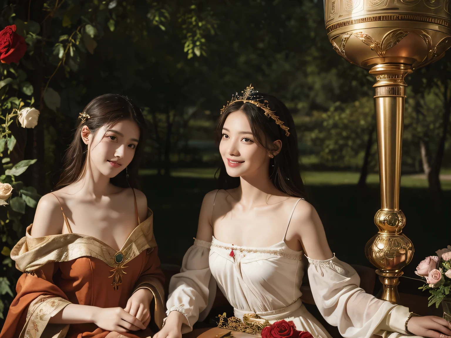 Giorgione painting style,Arguments of two female Philosophe,math、astronomical machine、astronaut、roses in vase、fruits、Cute trinkets、smile、ancient greek costume、Background is a forest lake at night 、Clothes that stretch your shoulders、A big smile、beautiful bare skin、A detailed representation of the seducing woman throughout her body.
