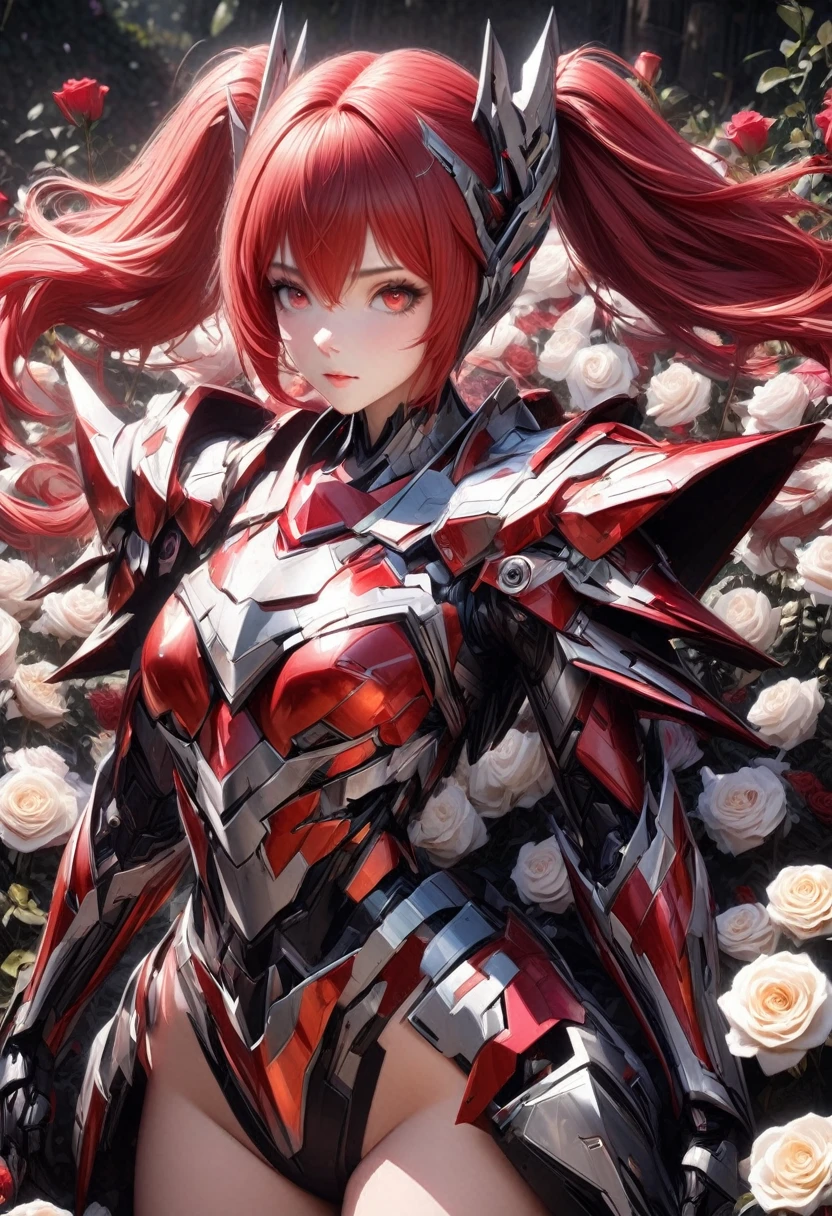 A highly detailed, 8k, photorealistic image of a 1 girl robot girl with red hair in twin tails, red eyes, wearing flashy robot armor, in a flower garden filled with white roses, hugging one red rose