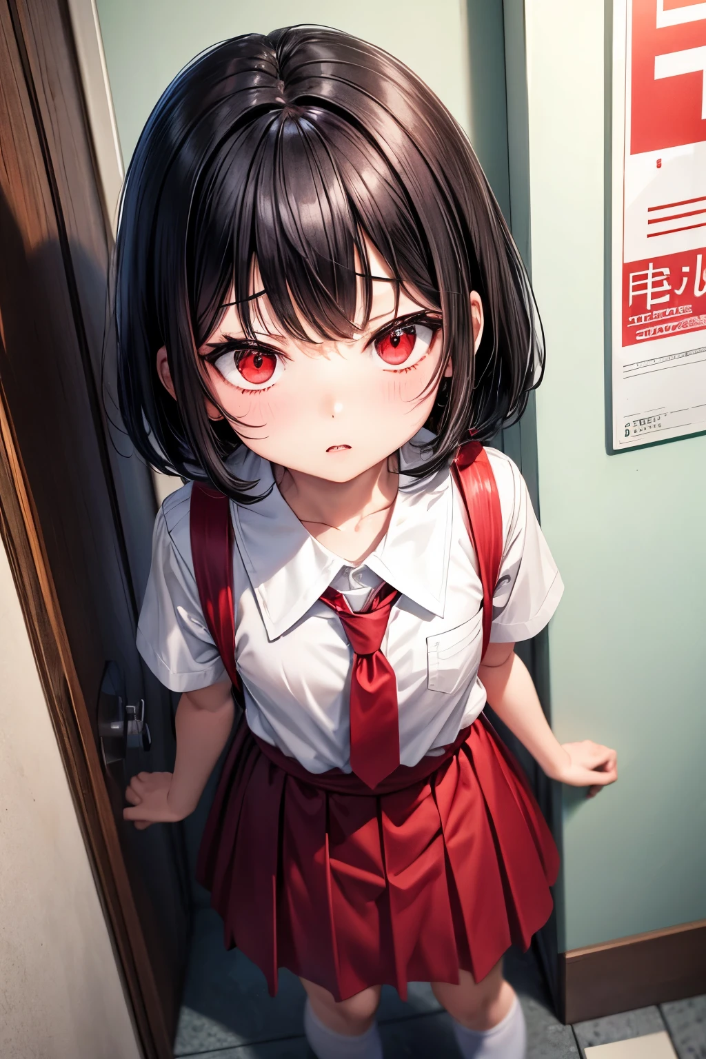 short black hair，red eyes，loli，little girl，White shirt，Red sundress，lavatory，primary school student，Scary expressions