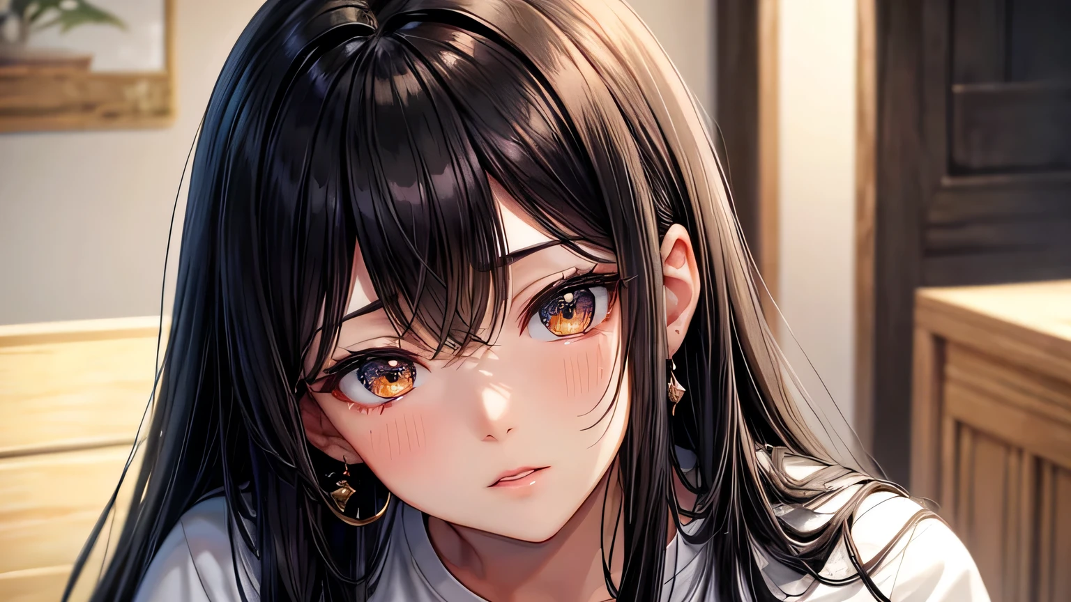 highest quality、Highest quality、Detailed facial expressions、((One tall woman、alone))、((Black Hair:1.3))、Beautiful light brown hair、Beautiful straight long hair、((White long sleeve T-shirt:1.2))、Beautiful and detailed eye depiction、Beautiful and detailed hair、Beautiful and detailed facial expressions、summer、tobacco、Tobacco smoke、Tall Woman、Big Breasts、