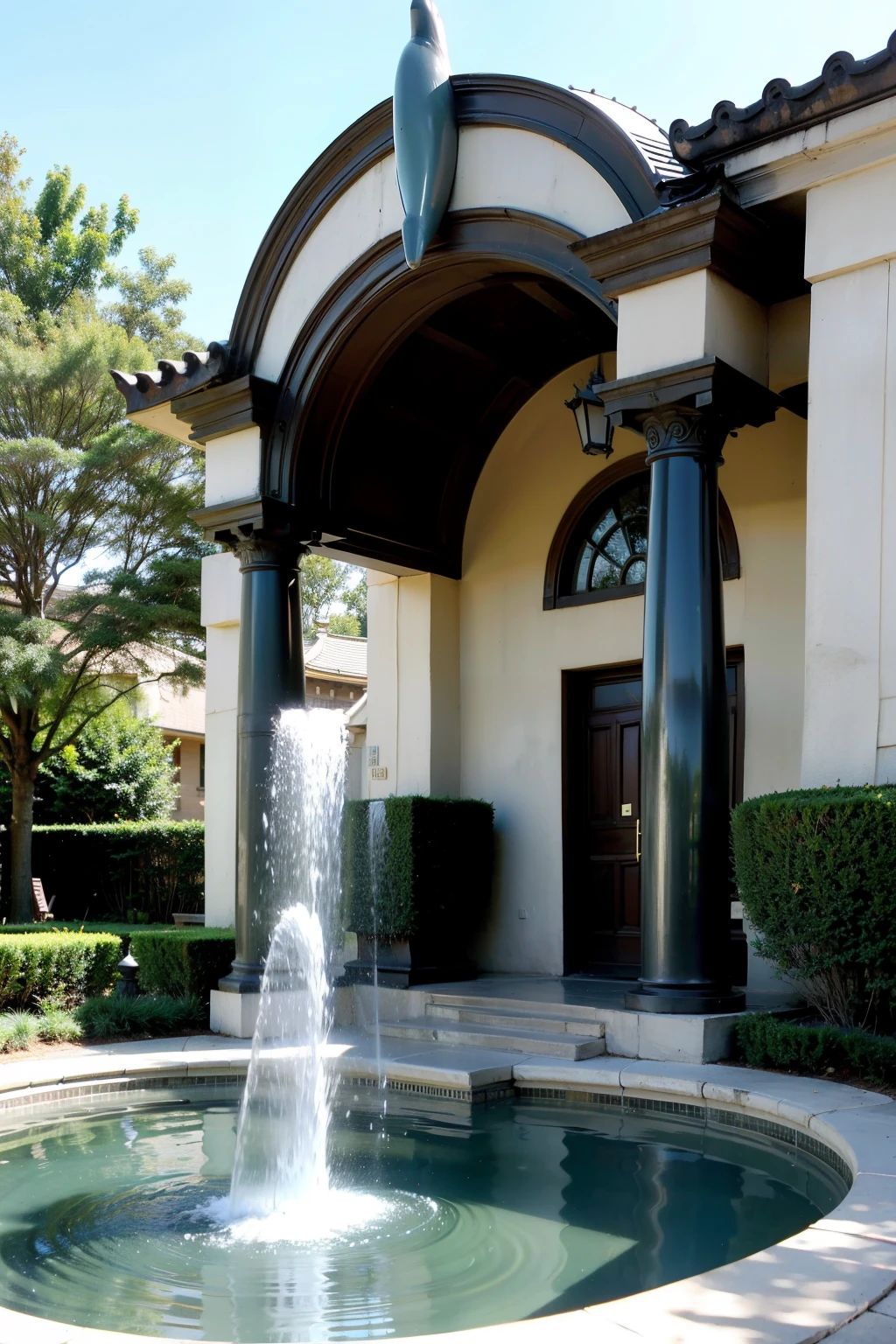 Metal，Dolphin shape，，modeling，Entrance，fountain，architecture
