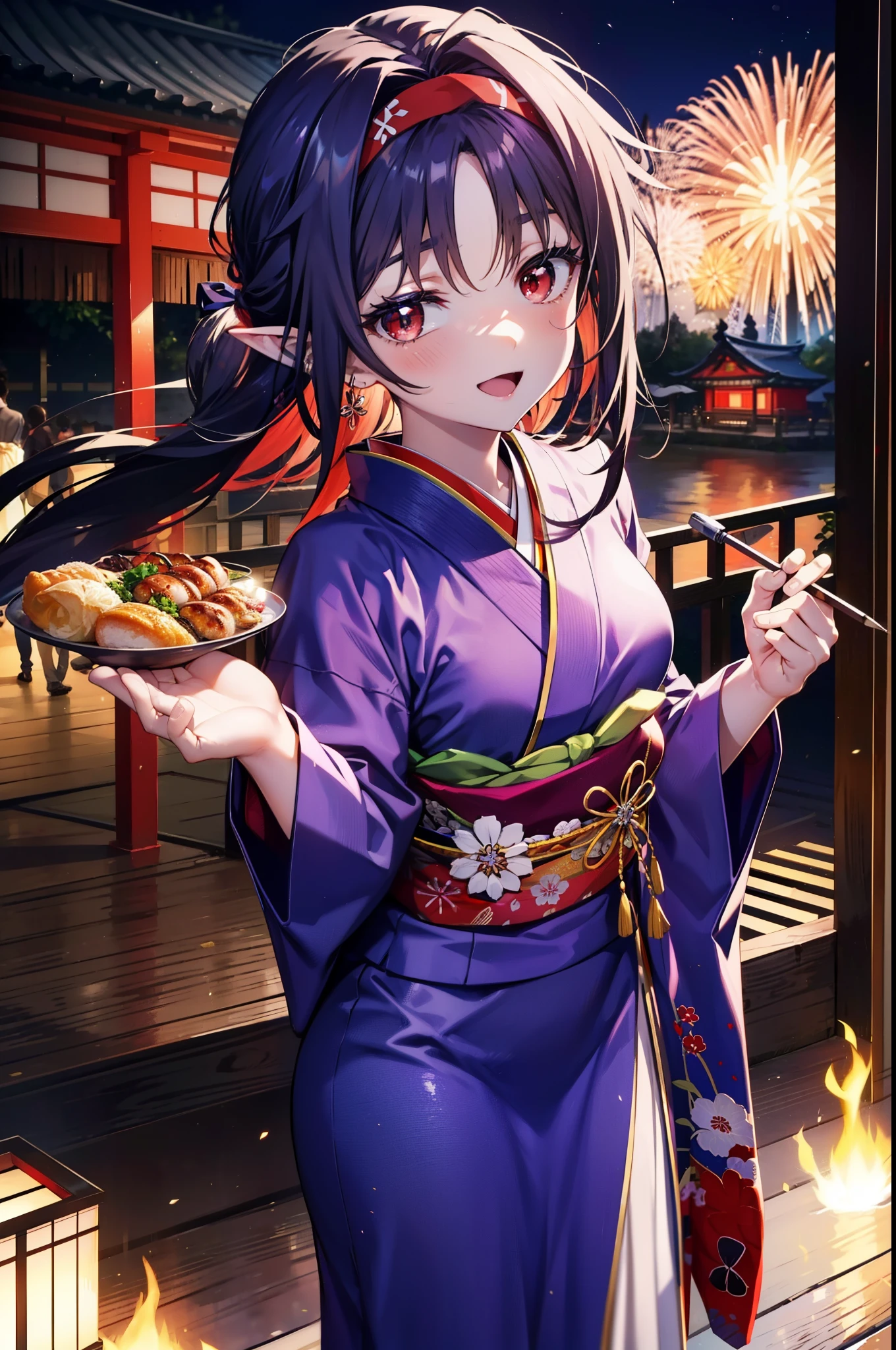 yuukikonno, Konno Yuuki, hair band, Long Hair, Pointed Ears, Purple Hair, (Red eyes:1.5), (Small breasts:1.2), Open your mouth,Open your mouth,Long Hair,happy smile, smile, Open your mouth,Purple Kimono,Long sleeve,Sandals,night空の花火,Fireworks display,Japanese Festivals,Summer festival food stalls,Red Lantern, night,whole bodyがイラストに入るように,Looking down from above,
break outdoors, shrine,                                              break looking at viewer,whole body,(Cowboy Shot:1. 5)
break (masterpiece:1.2), highest quality, High resolution, unity 8k wallpaper, (shape:0.8), (Beautiful and beautiful eyes:1.6), Highly detailed face, Perfect lighting, Highly detailed CG, (Perfect hands, Perfect Anatomy),