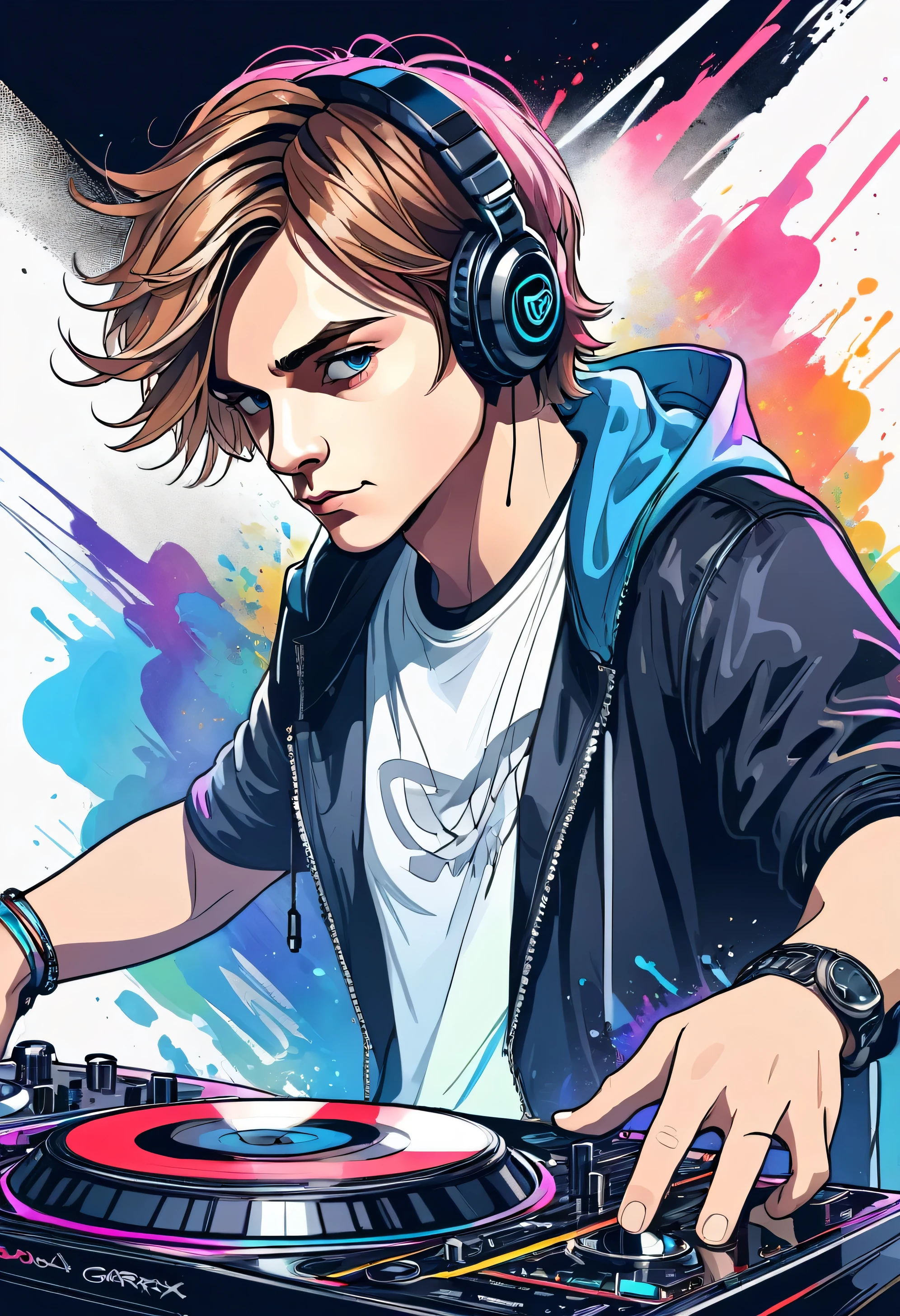 DJ Martin Garrix,DJ David Guetta,Masterpiece、Omitted style,Line drawing sketch,Stylish cut, artistic,Scribble style,Clear, bold, thick outlines,,Rough coloring, watercolor painting,