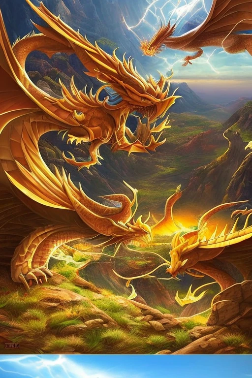 So sublime and divine々A beautiful golden dragon floats in the center of the screen, glaring at the camera.。金色のThe dragon is幸せをもたらす神なのでとても有難い存在である。The surrounding area is a canyon where no one can get close, and lightning is flashing in the background.、The sun is shining brightly。The dragon is、I want a realistic image。