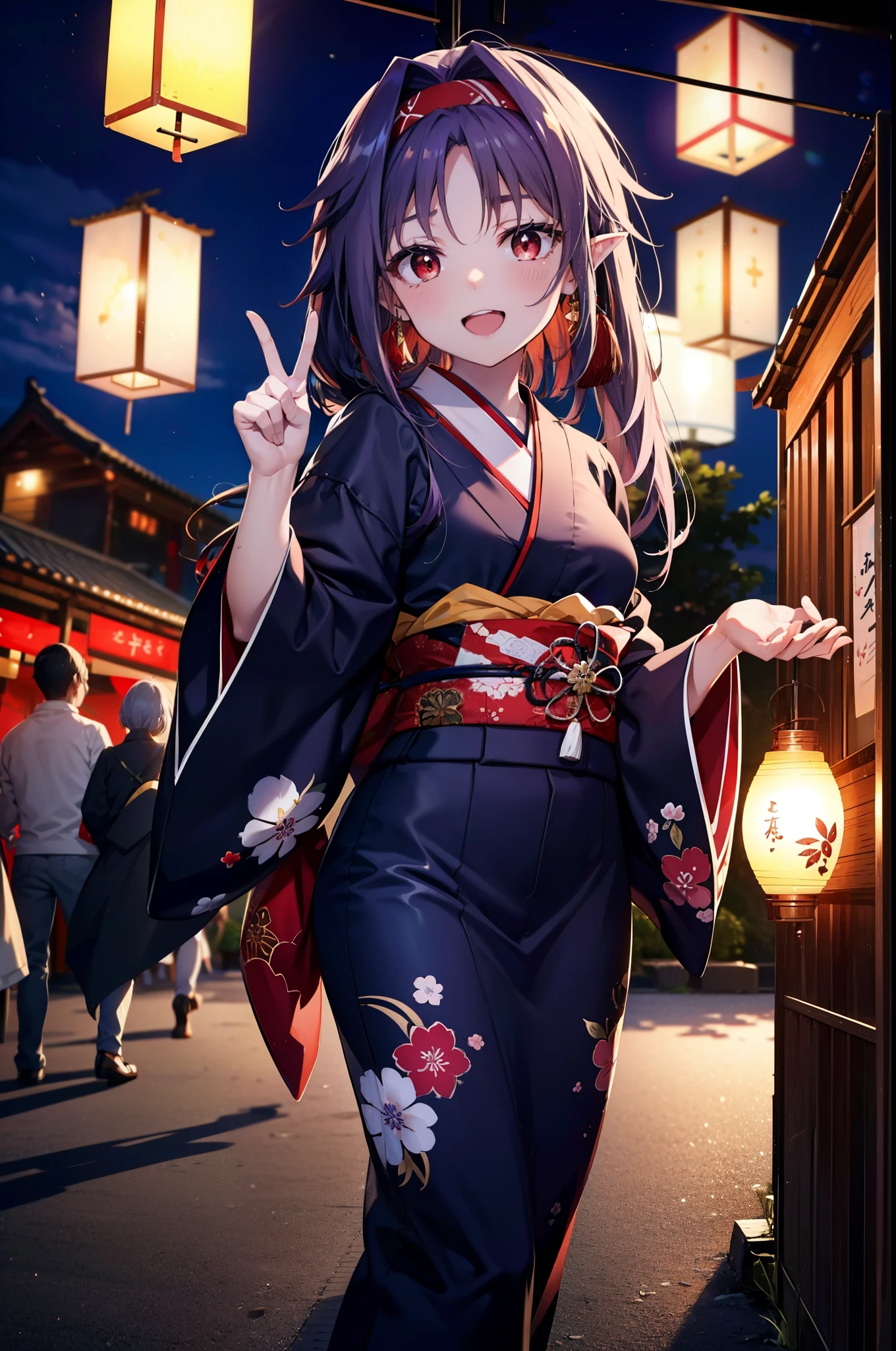 yuukikonno, Konno Yuuki, hair band, Long Hair, Pointed Ears, Purple Hair, (Red eyes:1.5), (Small breasts:1.2), Open your mouth,Open your mouth,Long Hair,happy smile, smile, Open your mouth,Purple Kimono,Long sleeve,Sandals,night空の花火,Fireworks display,Japanese Festivals,Summer festival food stalls,Red Lantern, night,whole bodyがイラストに入るように,Looking down from above,
break outdoors, shrine,                                              break looking at viewer,whole body,(Cowboy Shot:1. 5)
break (masterpiece:1.2), highest quality, High resolution, unity 8k wallpaper, (shape:0.8), (Beautiful and beautiful eyes:1.6), Highly detailed face, Perfect lighting, Highly detailed CG, (Perfect hands, Perfect Anatomy),