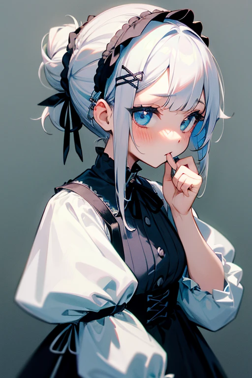 Short white hair, blush, Gothic ta、Punk Fashion、Blue and black clothes、Braiding、2 hair clips、Hair tied in a bun、There are two hair ties、