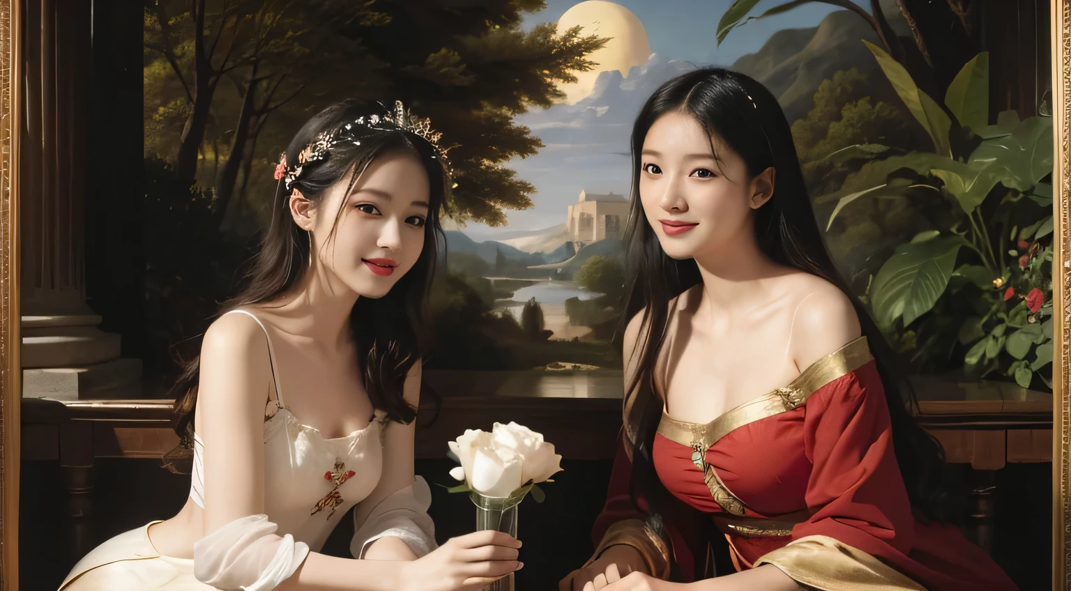 Giorgione painting style,Arguments of two female Philosophe,math、astronomical machine、astronaut、roses in vase、fruits、Cute trinkets、smile、ancient greek costume、Background is a forest lake at night 、Clothes that stretch your shoulders、A big smile、beautiful bare skin、A detailed representation of the seducing woman throughout her body.