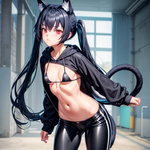 A girl with dark blue hair, cat ears and a tail, wearing a black micro bikini and racing pants　 body type　　Twin tails　Female genitalia is visible　　Detailed depiction of female genitalia　Flat Chest　Wearing a hoodie　Butt in detail　He has a gun