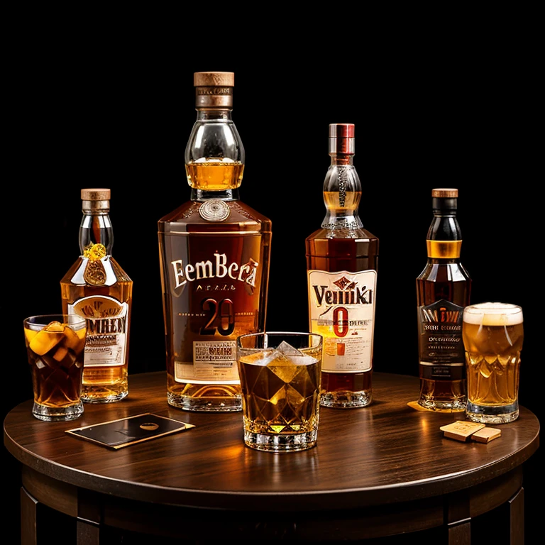 a vector image of a table with drinks, whiskey, vodka, beer and elements to compose the scene