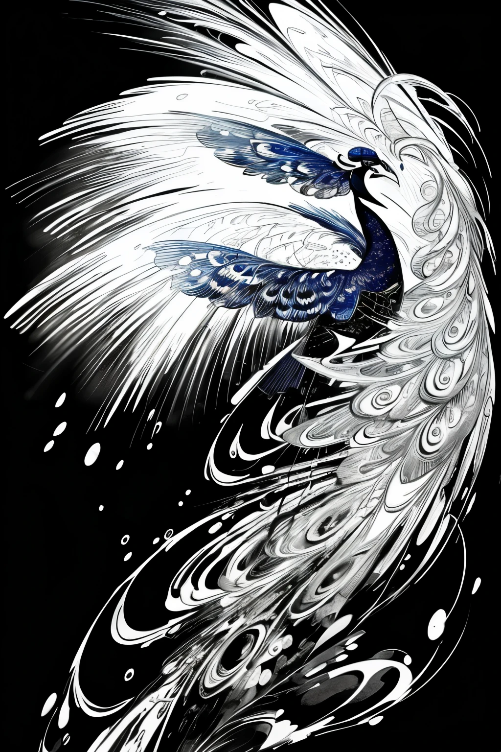 best quality, super fine, 16k, delicate and dynamic, black and white ink painting, peacock god, water blur effect, brush stroke effect