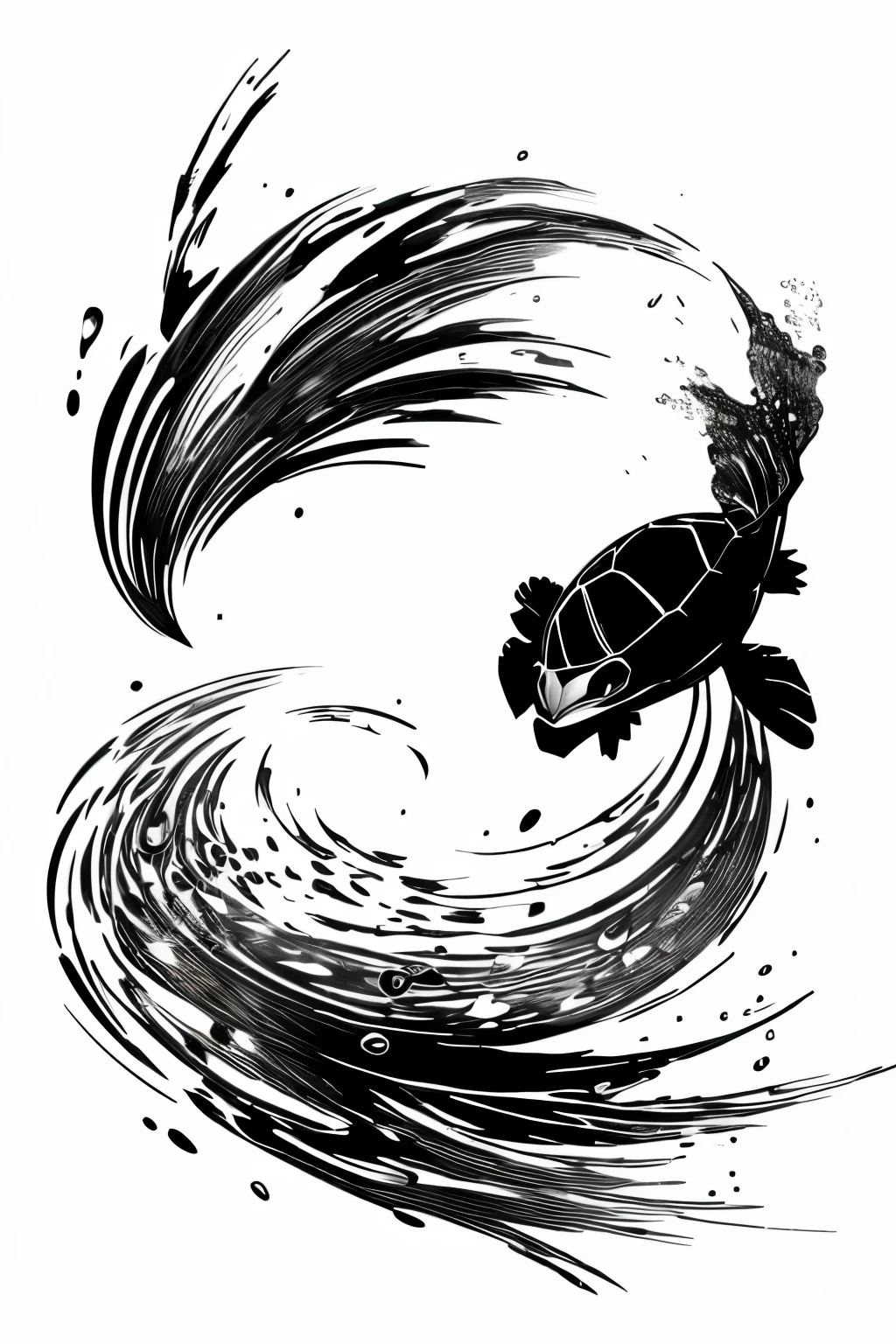 best quality, super fine, 16k, delicate and dynamic, black and white ink painting, turtle god, water blur effect, brush stroke effect