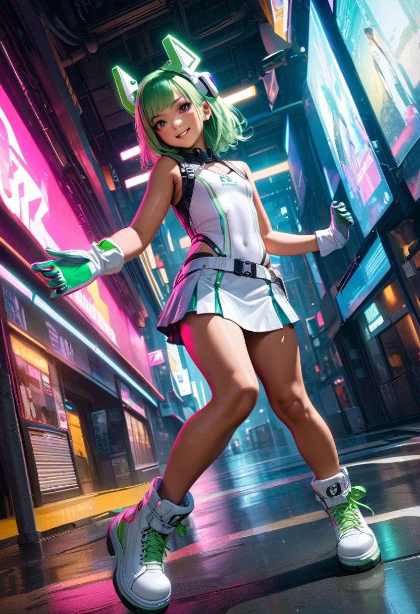(masterpiece, best quality:1.1),
(ultra highres, ultra-detailed:1.2) ,photo realistic,1 girl,,cute, white frog headgear,tanned dark skin,big headgear,lightgreen hair,side bangs,white sleeveless one piece,white frog gloves,mini skirt,white platform boots,middle small breast,has a large syringe,in cyberpunk metropolis,(fullbody),smile,shout, intricate details, depth of field,beautiful lighting, volumetric lighting, dynamic angle,
