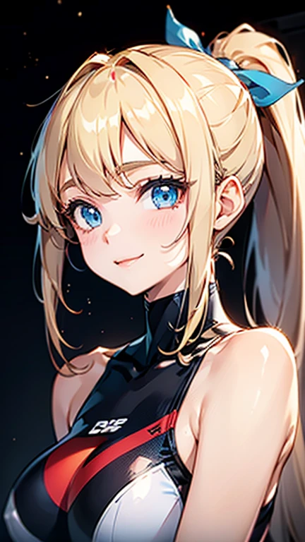 High quality, Best quality , masterpiece, Bright expression、ponytail、Young, shiny, white, glossy skin、Gloss Face、Shining Cheek Gloss、Small Face Beauty、The best beauty、The dazzling light of blonde hair、Bright blonde hair with dazzling highlights、Very beautiful shiny light blonde hair、super long silky straight hair、Her shiny, beautiful bangs are covering her eyes.、Sparkling, clear, attractive, bright, large, pale blue eyes、Very big eyes、eyeliner、very beautiful lovely cute 16 year old girl、young girl, Ample Bust, upper body , (smile:1.2) , racing suit :1.2, ponytail ),in castle ,huge breast , smile