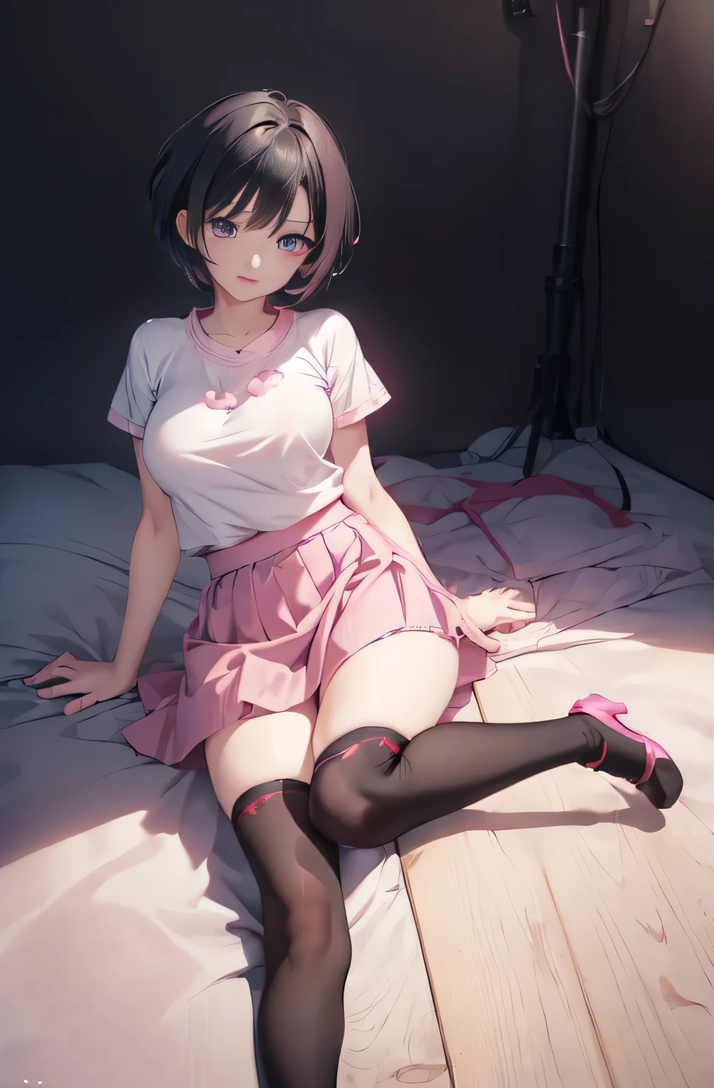 (masterpiece:1.5),(Extremely accurate details:1.5),Ultra-high resolution,Highly detailed CG Unity 8k wallpaper,(Practical,Reality,Super Practical:1.5),(curve,Model,charm:1.5),Beautiful breasts,color_Aberrations,Beautiful and delicate shade,beautiful eyes,Beautiful Body,Open your legs,(beautiful white:1.5)、Beautiful skin,beautiful hands,(beautiful anime eyes:1.4),(short hair:1.4),Anime girl in red sitting on the floor,(Favorite pink skirt:1.4),(Black knee socks:1.4), Portrait anime astronaut girl, Charming anime girl,Female action anime girl, Smooth anime CG art, future anime girl