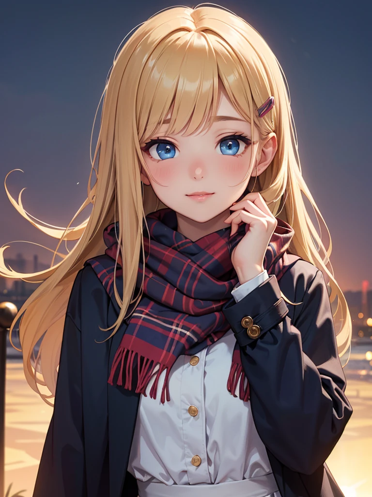 (​masterpiece),(top-quality:1.2),1girl in,(masuter piece:1.3),exquisitedetails, Highest quality 8K resolution, Ultra-detailed, Realistic, Vibrant colors, Soft tones, With warm and gentle lighting,(Beautiful plaid scarf:1.3),(Preet Pink Ruffled Ribbon Dress,) (Brown long coat:1.2) early evening,Big sunset,(Smooth straight blonde hair:1.2),(Hair parted in the middle:1.3),(Glowing hair),(Dark blue eyes:1.3),White skin, hair clips,Overflowing soft and gentle feelings,(The promenade is full of flowers),The sun's rays illuminate joy and pure love, Warm golden glow,The atmosphere is full of happiness and laughter, As if celebrating love,Sticking to ultra-detailed depictions and vivid colors. In a style that blends romanticism and realism、You can feel the depth of love,color palettes,Create an ethereal atmosphere like a dream,and the lighting is soft and diffused, Shine a gentle light on your face,The artwork is a masterpiece,