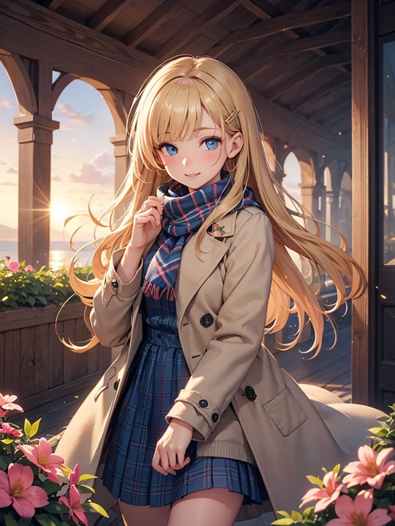 (masterpiece),(top-quality:1.2),1girl in,(masuter piece:1.3),exquisitedetails, Highest quality 8K resolution, Ultra-detailed, Realistic, Vibrant colors, Soft tones, With warm and gentle lighting,(Beautiful plaid scarf:1.3),(Preet Pink Ruffled Ribbon Dress,) (Brown long coat:1.2) early evening,Big sunset,(Smooth straight blonde hair:1.2),(Hair parted in the middle:1.3),(Glowing hair),(Dark blue eyes:1.3),White skin, hair clips,Overflowing soft and gentle feelings,(The promenade is full of flowers),The sun's rays illuminate joy and pure love, Warm golden glow,The atmosphere is full of happiness and laughter, As if celebrating love,Sticking to ultra-detailed depictions and vivid colors. In a style that blends romanticism and realism、You can feel the depth of love,color palettes,Create an ethereal atmosphere like a dream,and the lighting is soft and diffused, Shine a gentle light on your face,The artwork is a masterpiece,