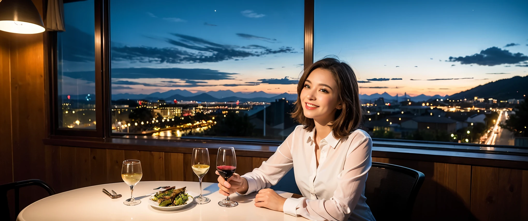 (highest quality、8k、masterpiece:1.3)、Beautiful woman with perfect figure:1.4、Dark brown hair、wine 、2 people、Knit dress、Highly detailed face and skin、fine grain、double eyelid、Wine glass on the table、Facial Lighting、 Amazing view of the sunset sky and clouds、Amazing mountain views、Laugh brightly、Smiling lovely woman、Bright image、The beauty of wine, Beautiful Face, blue eyes, Blushing, short hair,Bright Face、 (36 years old), 39 years old, Lady、Red wine 、Appetizers、Italian food、Wine Bottle、Champagne、Sparkling wine、Two beauties、Brown Hair、Shortcuts、Long sleeve shirt、dress、Pretty Woman 1, (Slim face), (The body is slim), (Brown Hair), (Shortcuts), cheeks turn a little red,Attractive beauty、, Out of the window, A beautiful and detailed night view unfolds.........., restaurant, In a prominent place (From the waist up) Nova Frog Style, actress, model, Upper Body, White wine, slim, Wine Glass,