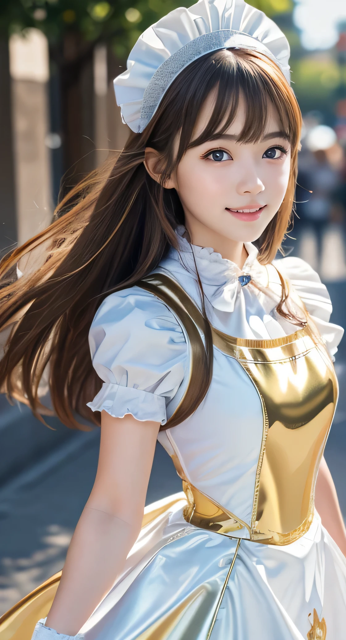 Angelic very beautiful cute young girl,
Beautiful detailed eyes, (5 yo:1.2),
Detailed double eyelids,
(Soft Saturation: 1.3), 
(Fair skin: 1.3),v-line jaw,
(Large eyes:1.4),
Long straight brown hair, 
see-through bangs,
Sharp Focus,
beautiful detailed face and eyes, 
drooping eyes,
small straight nose,
small mouth, 
happy smiling with visible teeth, 85mm lens, F/8.0,BREAK (Super shiny white and metallic gold maid costume :1.3),Walking,Brown hair ,(Costumes with strong reflective surfaces:1.3),
(Best Quality:1.2),(Maid costume:1.5),
Raw photo, 
High resolution, 
perfect  detail, 
Professional Photography, 
Professional Lighting,
Powerful lighting of the costume,In the street