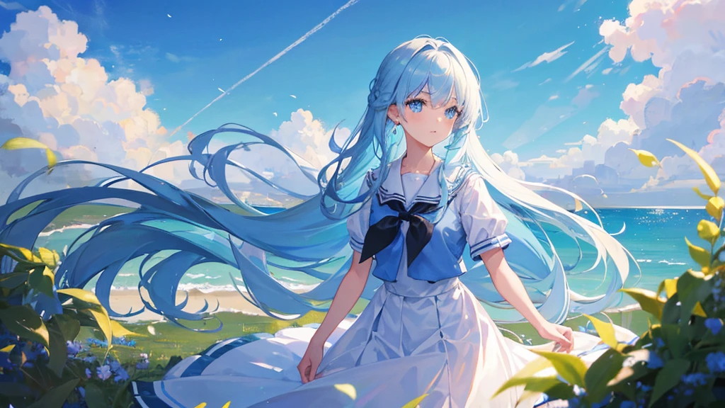 girl with light blue long hair, royal school clothes, sky, 8k resolution, detail