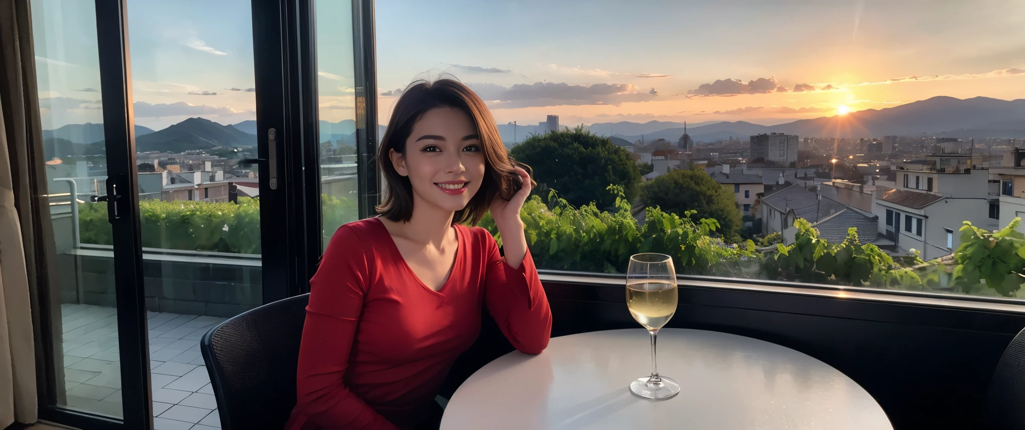 (highest quality、8k、masterpiece:1.3)、Beautiful woman with perfect figure:1.4、Dark brown hair、wine 、2 people、Knit dress、Highly detailed face and skin、fine grain、double eyelid、Wine glass on the table、Facial Lighting、 Amazing view of the sunset sky and clouds、Amazing mountain views、Laugh brightly、Smiling lovely woman、Bright image、The beauty of wine, Beautiful Face, blue eyes, Blushing, short hair,Bright Face、 (36 years old), 39 years old, Lady、Red wine 、Appetizers、Italian food、Wine Bottle、Champagne、Sparkling wine、Two beauties、Brown Hair、Shortcuts、Long sleeve shirt、dress、Pretty Woman 1, (Slim face), (The body is slim), (Brown Hair), (Shortcuts), cheeks turn a little red,Attractive beauty、, Out of the window, A beautiful and detailed night view unfolds.........., restaurant, In a prominent place (From the waist up) Nova Frog Style, actress, model, Upper Body, White wine, slim, Wine Glass,
