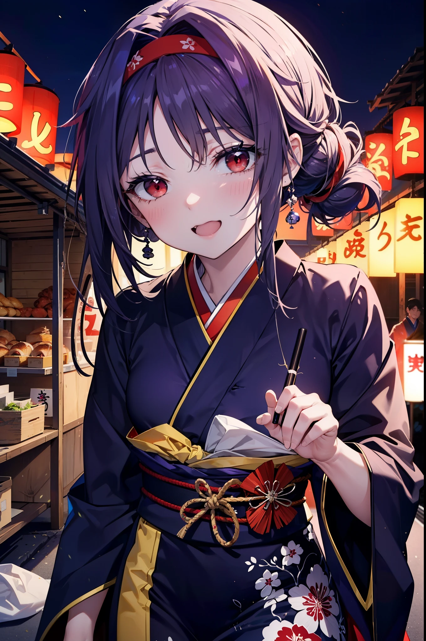 yuukikonno, Konno Yuuki, hair band, Long Hair, Pointed Ears, Purple Hair, (Red eyes:1.5), (Small breasts:1.2), Open your mouth,Open your mouth,Long Hair,happy smile, smile, Open your mouth,Purple Kimono,Long sleeve,Sandals,night空の花火,Fireworks display,Japanese Festivals,Summer festival food stalls,Red Lantern, night,whole bodyがイラストに入るように,Looking down from above,
break outdoors, shrine,                                              break looking at viewer,whole body,Upper Body,(Cowboy Shot:1. 5)
break (masterpiece:1.2), highest quality, High resolution, unity 8k wallpaper, (shape:0.8), (Beautiful and beautiful eyes:1.6), Highly detailed face, Perfect lighting, Highly detailed CG, (Perfect hands, Perfect Anatomy),