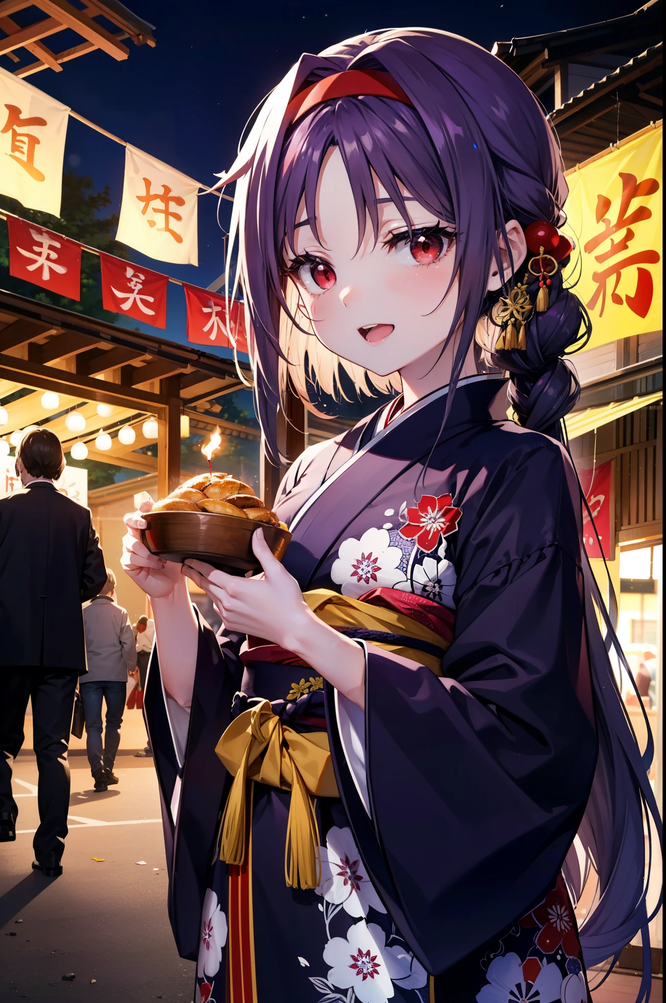 yuukikonno, Konno Yuuki, hair band, Long Hair, Pointed Ears, Purple Hair, (Red eyes:1.5), (Small breasts:1.2), Open your mouth,Open your mouth,Long Hair,happy smile, smile, Open your mouth,Purple Kimono,Long sleeve,Sandals,night空の花火,Fireworks display,Japanese Festivals,Summer festival food stalls,Red Lantern, night,whole bodyがイラストに入るように,Looking down from above,
break outdoors, shrine,                                              break looking at viewer,whole body,Upper Body,(Cowboy Shot:1. 5)
break (masterpiece:1.2), highest quality, High resolution, unity 8k wallpaper, (shape:0.8), (Beautiful and beautiful eyes:1.6), Highly detailed face, Perfect lighting, Highly detailed CG, (Perfect hands, Perfect Anatomy),