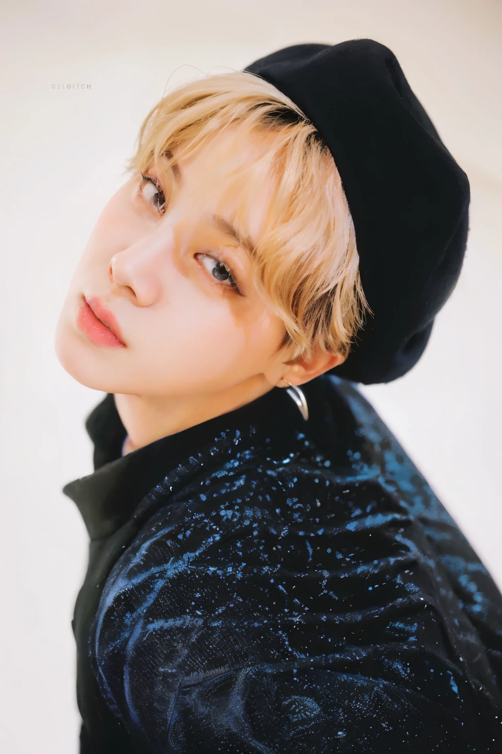 Close up of person wearing hat and black jacket, park jimin, jimin\full lips, jimin, accurate jimin face, Portrait of Blackpink Josh, jimin\greek nose, jimin\The right eyelid is swollen., Taehyung eating Gucci French fries, Hyuntae, Doyoung Kim, jungkook, K-Pop Idol Portrait, Bangtan Boys (BTS)