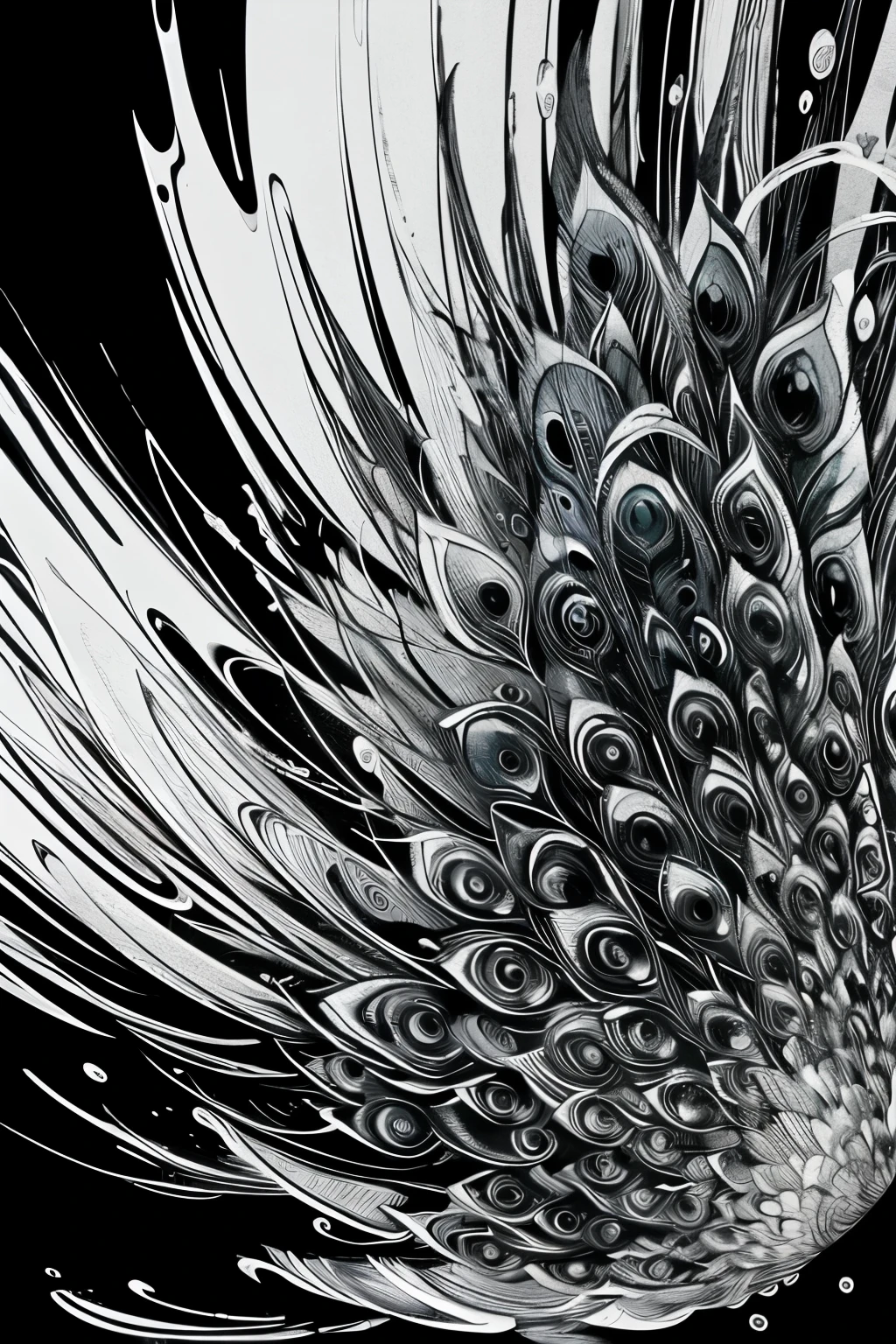 best quality, super fine, 16k, delicate and dynamic, black and white ink painting, peacock god, water blur effect, brush stroke effect, abstract painting