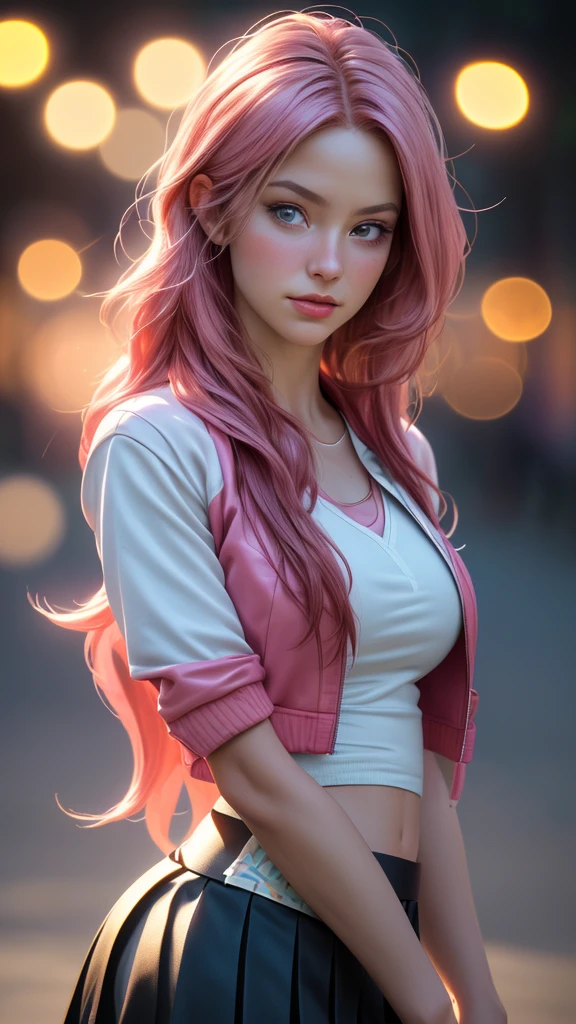 1girl, detailed face, long pink hair, white shirt, varsity jacket, skirt, hips up, raw photo, best quality, 4k, 8k, highres, masterpiece:1.2, ultra-detailed, realistic, photorealistic, photo-realistic:1.37, HDR, UHD, studio lighting, vivid colors, bokeh, portraits
