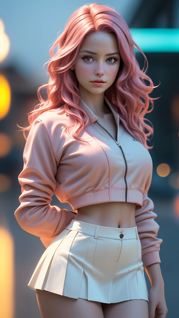 1girl, detailed face, long pink hair, white shirt, varsity jacket, skirt, hips up, raw photo, best quality, 4k, 8k, highres, masterpiece:1.2, ultra-detailed, realistic, photorealistic, photo-realistic:1.37, HDR, UHD, studio lighting, vivid colors, bokeh, portraits