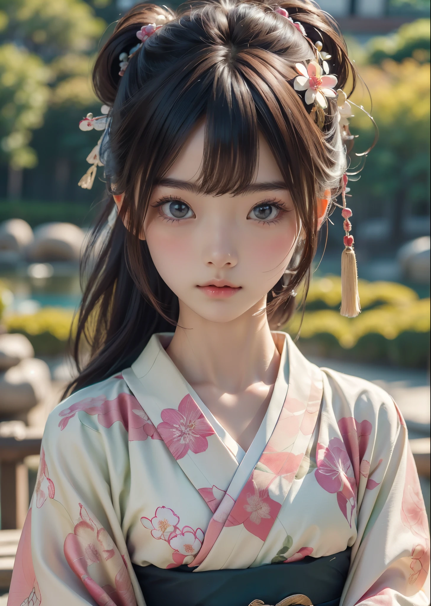 (masterpiece, highest quality, highest quality, Official Art, beautifully、aesthetic:1.2)、Portrait Photography、 (1 Japanese kimono beautiful girl)、(Pink and green floral patterned kimono)、A gorgeous kimono worn by women at Japanese Coming of Age ceremonies、The collar is nicely closed、A perfect example of how to wear a kimono、Big brown eyes、Beautiful skin、A little embarrassing、(Updo with bangs)、hair ornaments、Very detailed,(In the Japanese garden:1.3)、Cinematic lighting、Sharp focus、High resolution、High resolution、High color rendering、High resolution、Super realistic、