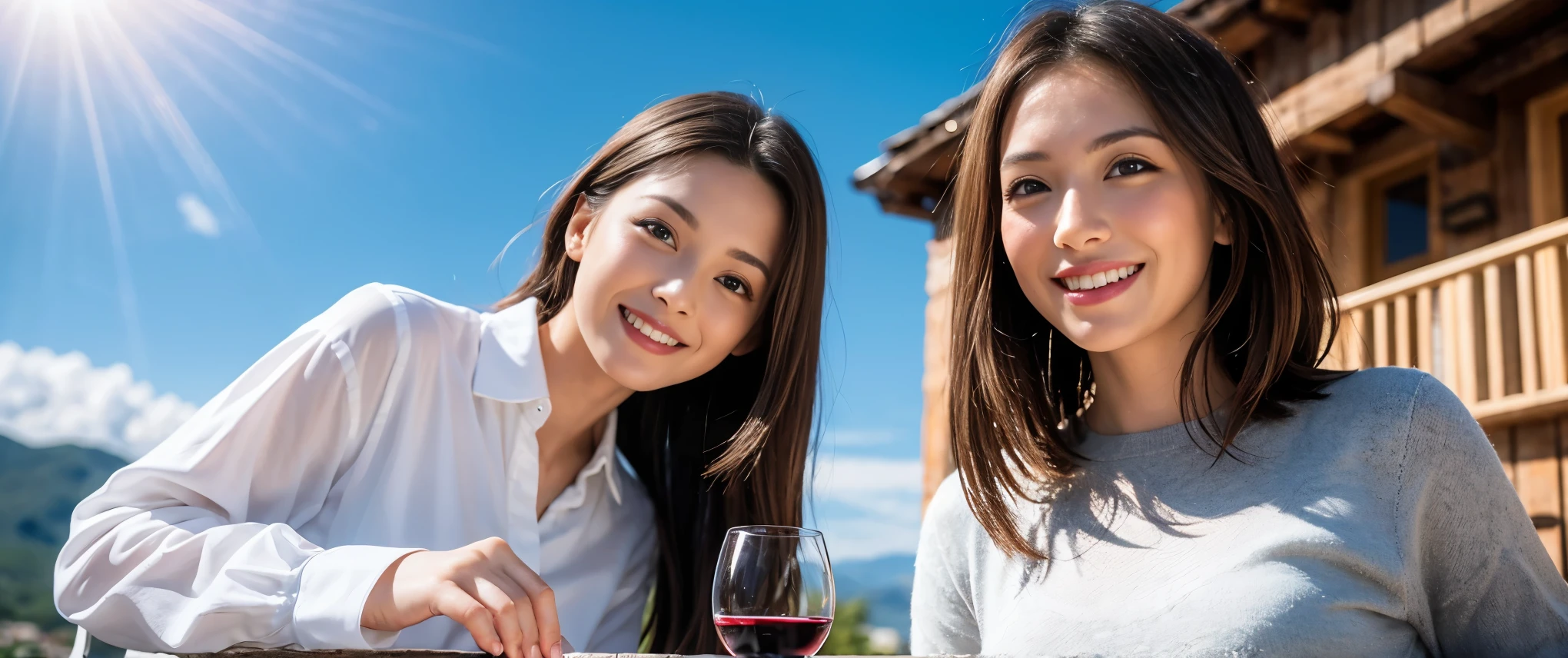 ((highest quality、8k、masterpiece:1.3))、1 male、1 female、Couple、Spouse、Couple、The body is slim、((Bob Hale、Straight hair:1.2)), (Realistic, Intricate details:1.2), テーブルの上のwine glass、Put the light on your face、 Amazing view of the sunset sky and clouds、Amazing mountain views、A bright smile、The wonderfulness of smile、Bright image、The beauty of wine, Beautiful Face, blue eyes, The light shines on your face, Blushing, short hair,Bright Face、 (Age 37), 39 years old, red wine 、Appetizers、Italian food、Wine bottle、Champagne、sparkling wine、Two beauties、Brown Hair、Shortcuts、Long sleeve shirt、dress、Pretty Woman 1, (slimな顔), (The body is slim), (Brown Hair), (Shortcuts), cheeks turn a little red,Attractive beauty、restaurant, In a prominent place (From the waist up) Nova Frog Style, actress, model, Upper Body, White wine, slim, wine glass, 中央に置かれたwine glass, smile, (smile: 1.15), Beautiful fine grain, Depth f/2,saturation, High Contrast, Strong light and shadow,Moist Body:1.5、3D texture、Delicate eyes、Brown Hair、The hair is very shiny、