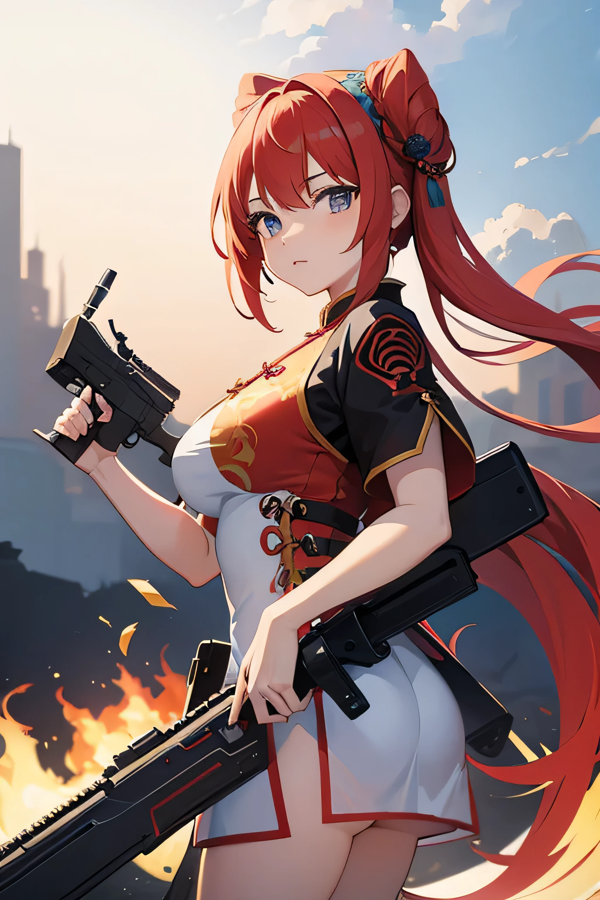 Anime girl in a Chinese costume carrying a sword on her back and an AK-47 in her hands, 2d