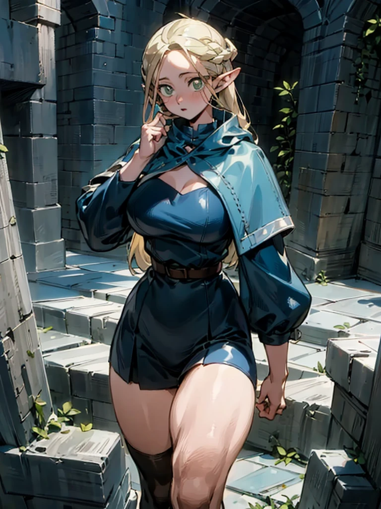 (masterpiece, highest quality) detailed, Wearing black tights, Silver Accessories , blonde ,elegant, Pointy Ears,thigh,漏出thigh,Dungeon Meshi Marcille, Marsil, Big Breasts, adventure, Mysterious plant