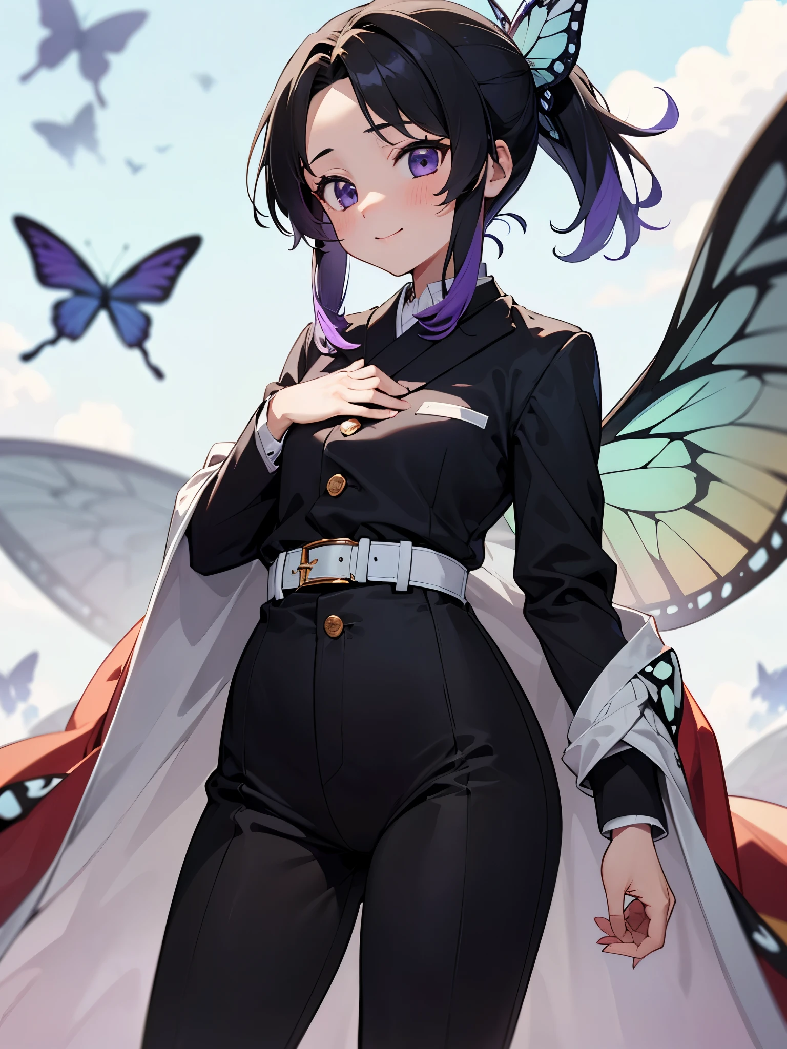NSFW,1 girl,胡butterflyしのぶ、Animal print、Black Hair、butterfly、butterflyのhair ornaments、butterflyのプリント、amount、Gradient Hair、hair ornaments、Haori、Multi-colored hair、Parted bangs、Purple Hair、short hair、Two-tone hair、belt、黒pants、butterfly柄、coat、鬼滅の刃uniform、Haori、kimono、pants、uniform,(Perfect hands),(Perfect Anatomy),(masterpiece),(highest quality),A seductive smile,blush