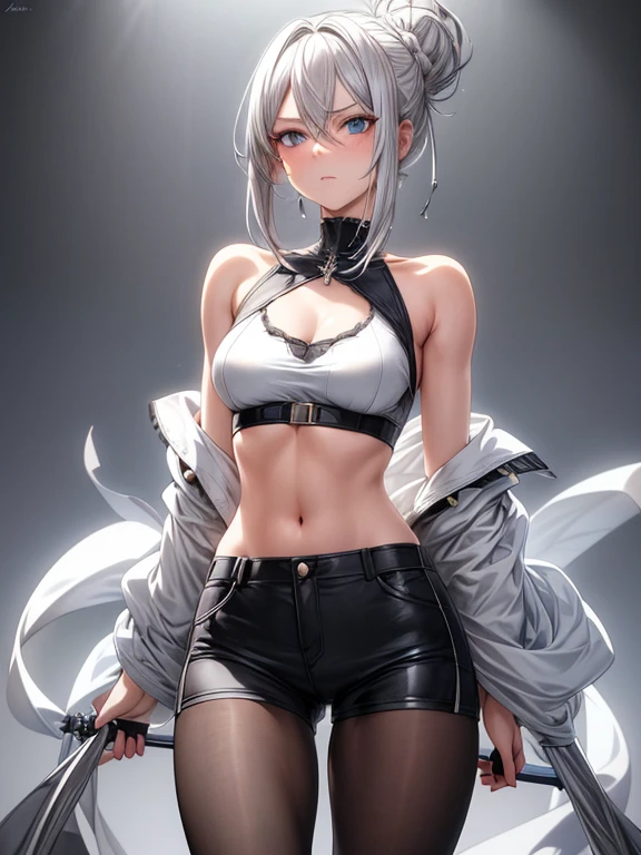 8K UHD, Digital SLR, Soft lighting, High quality, ((best quality)) ((best quality)), ((masterpiece)), (detailed), 4k image, no nsfw, anime style, androgynous facial features, V-neck crop top shirt, casual loose elastic waist knee length shorts, delicate beautiful anime girl, arrogant and disdainful expression, short silver-white hair tied in a messy bun, small dainty narrow waist protruding to small curvy hips, sharp facial features, big round eyes, Heterochromia(red and blue eyes), hip-level shot, forestry and meadow gothic medieval European background, small breasts, thin and slender body, athletic six-pack