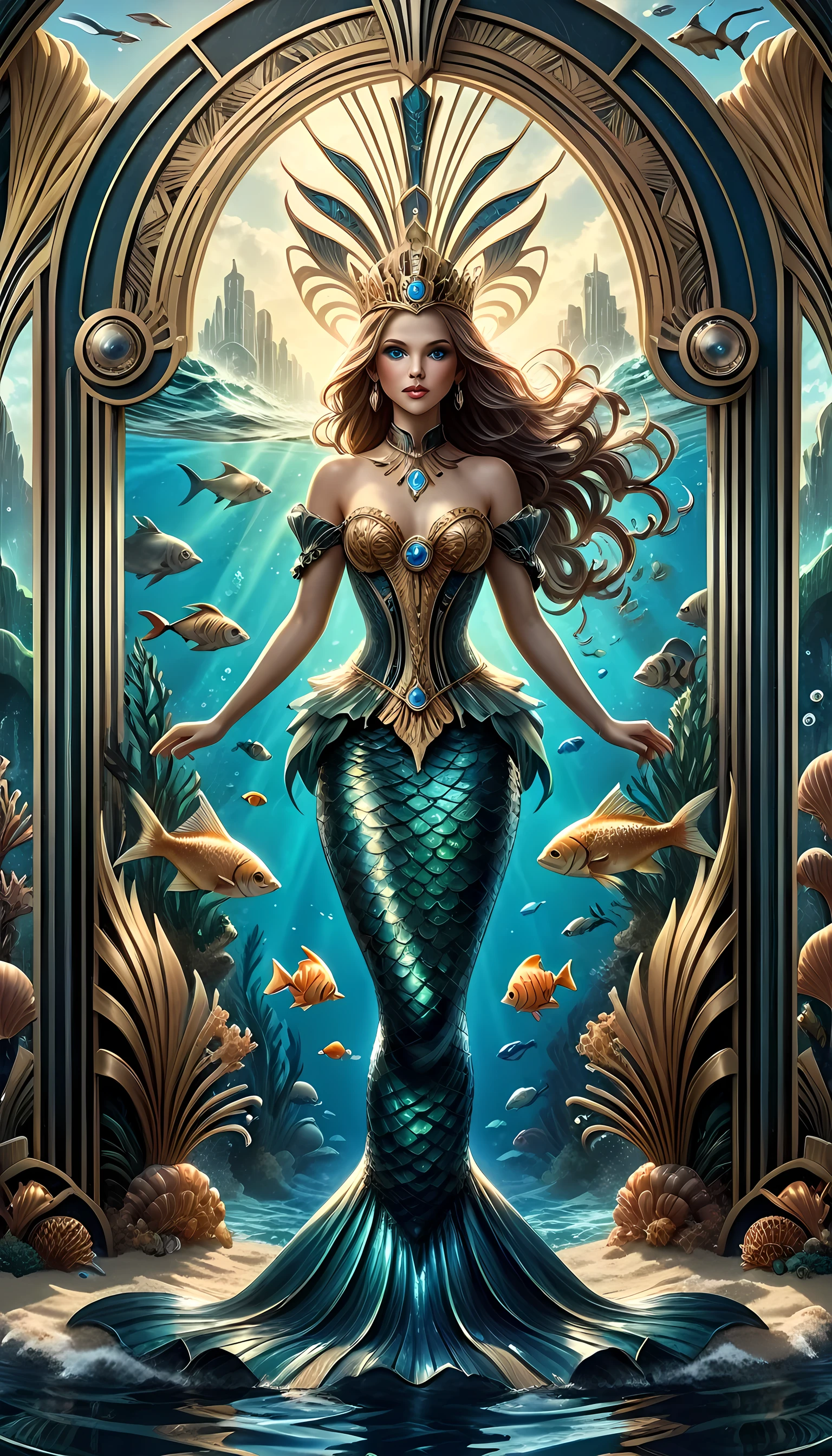 high details, best quality, 16k, ultra detailed, masterpiece, best quality, ((art deco style: 1.5)), full body, ultra wide shot, RAW, photorealistic, fantasy art, dnd art, rpg art, realistic art, an ultra wide picture of a mermaid princess in steampunk times, under the sea (intricate details, Masterpiece, best quality: 1.4) , female mermaid, (blue: 1.3) skin, (green: 1,3) hair, long hair, swirling hair, intense eyes, small pointed ears, ((blue eyes)), ((glowing eyes)), wearing sea shell clothing, she wears a crown  studded with gems(intricate details, Masterpiece, best quality: 1.4),  beautiful mermaid, you can see rich underwater life, fish, riff, dynamic fantasy blue beach background ((magical atmosphere)), high details, best quality, highres, ultra wide angle, ggmine, Dark Novel