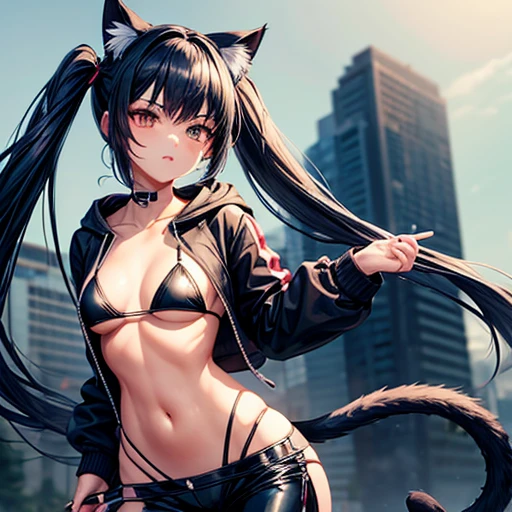 A girl with dark blue hair, cat ears and a tail, wearing a black bikini and racing pants body type Twin tails Female genitalia is visible Detailed depiction of female genitalia Flat Chest Wearing a hoodie Butt in detail Holding a gun