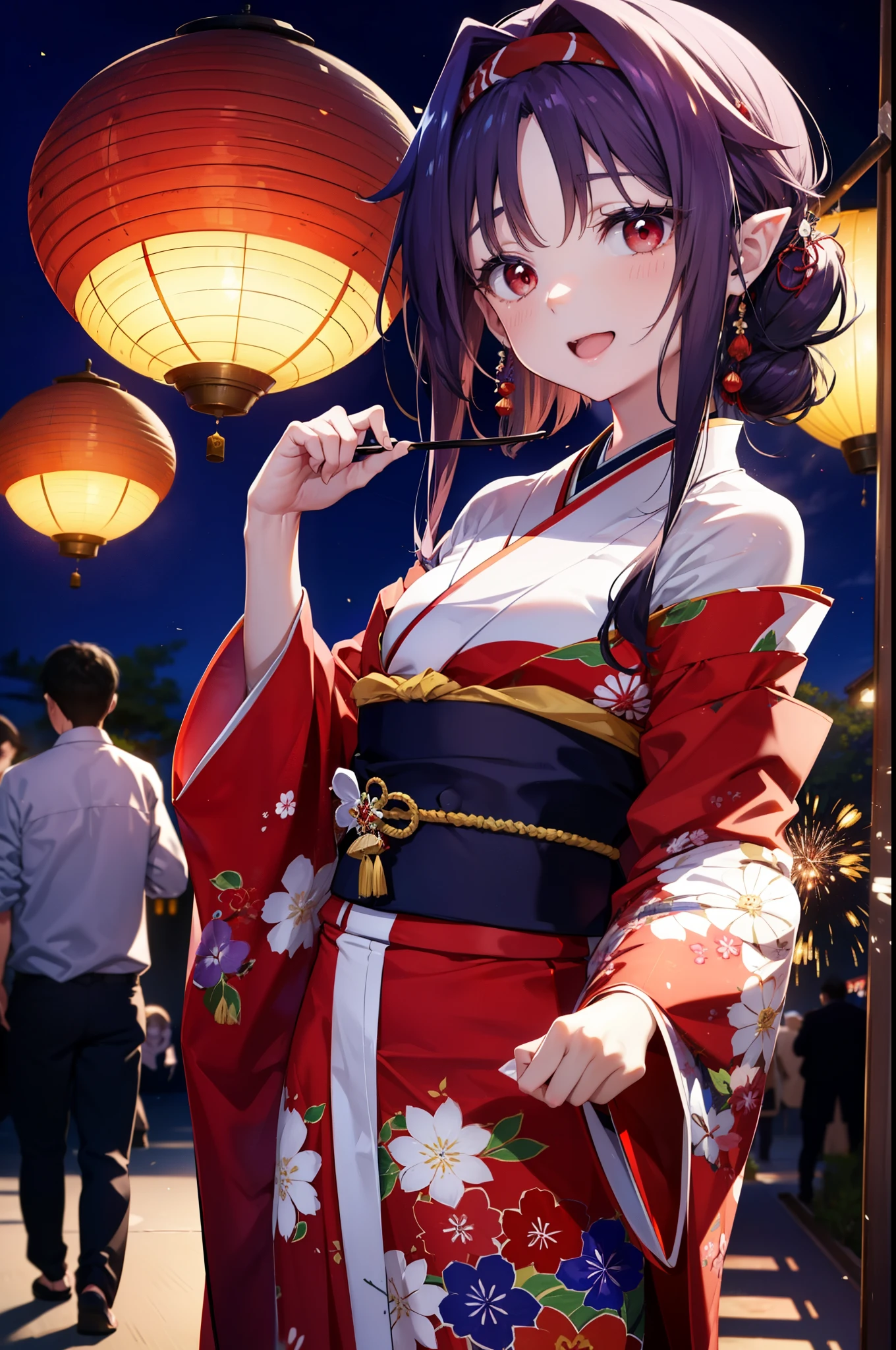 yuukikonno, Konno Yuuki, hair band, Long Hair, Pointed Ears, Purple Hair, (Red eyes:1.5), (Small breasts:1.2), Open your mouth,Open your mouth,Long Hair,happy smile, smile, Open your mouth,Purple Kimono,Long sleeve,Sandals,night空の花火,Fireworks display,Japanese Festivals,Summer festival food stalls,Red Lantern, night,whole bodyがイラストに入るように,Looking down from above,
break outdoors, shrine,                                              break looking at viewer,whole body,Upper Body,(Cowboy Shot:1. 5)
break (masterpiece:1.2), highest quality, High resolution, unity 8k wallpaper, (shape:0.8), (Beautiful and beautiful eyes:1.6), Highly detailed face, Perfect lighting, Highly detailed CG, (Perfect hands, Perfect Anatomy),