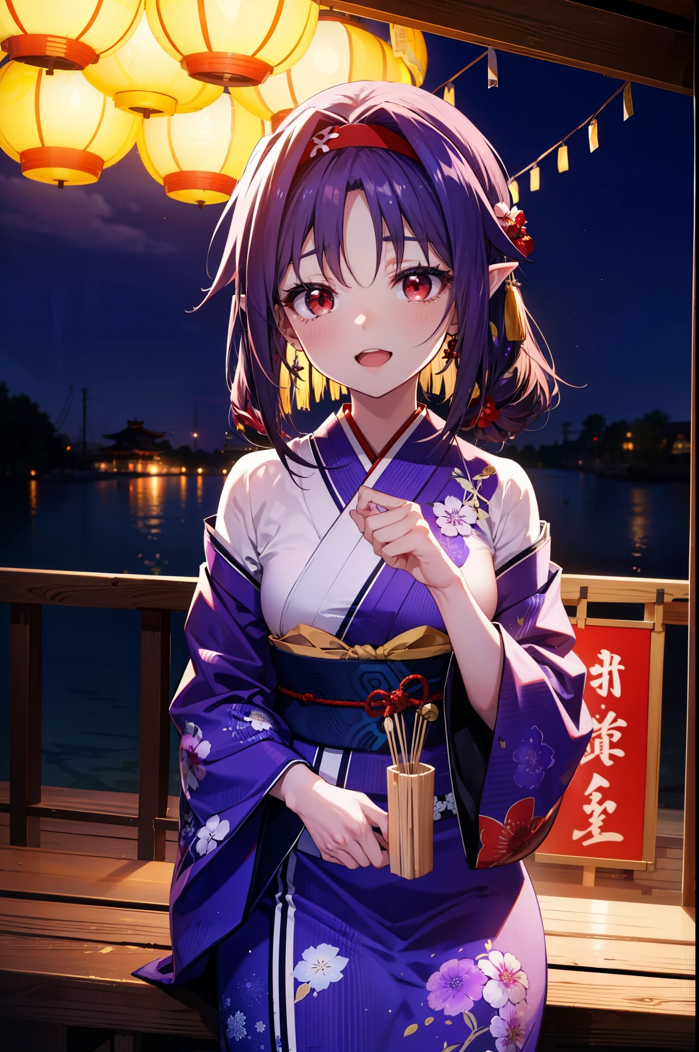 yuukikonno, Konno Yuuki, hair band, Long Hair, Pointed Ears, Purple Hair, (Red eyes:1.5), (Small breasts:1.2), Open your mouth,Open your mouth,Long Hair,happy smile, smile, Open your mouth,Purple Kimono,Long sleeve,Sandals,night空の花火,Fireworks display,Japanese Festivals,Summer festival food stalls,Red Lantern, night,whole bodyがイラストに入るように,Looking down from above,
break outdoors, shrine,                                              break looking at viewer,whole body,Upper Body,(Cowboy Shot:1. 5)
break (masterpiece:1.2), highest quality, High resolution, unity 8k wallpaper, (shape:0.8), (Beautiful and beautiful eyes:1.6), Highly detailed face, Perfect lighting, Highly detailed CG, (Perfect hands, Perfect Anatomy),