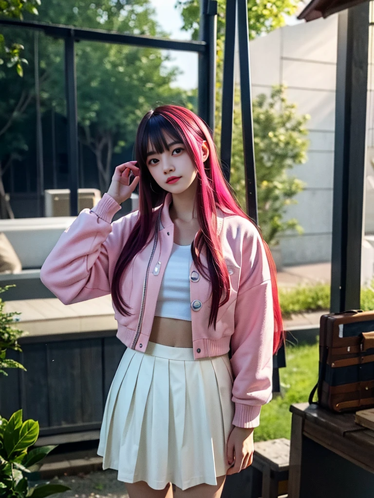 1girl, detailed face, long pink hair, white shirt, varsity jacket, skirt, hips up, raw photo, best quality, 4k, 8k, highres, masterpiece:1.2, ultra-detailed, realistic, photorealistic, photo-realistic:1.37, HDR, UHD, studio lighting, vivid colors, bokeh, portraits