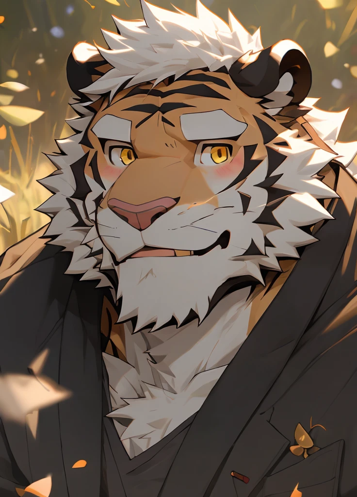 （masterpiece），（Very detailed），（best quality），hairy，tiger，Gray fur，white hair，Golden pupils，Smile（blush 1.1），（Black casual wear 1.2），Selfie of two boys，8K，（Face close-up 1.5），（（high quality））
