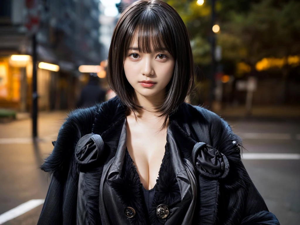 With bangs,Beautiful black hair,Woman with straight medium bob cut,,,21-year-old female,(((No hat))),Aspacarina,((Shy expression)),huge breasts,,Very beautiful eyes, ,(((Wearing a tattered black coat))),,(make:1.4),Big eyes,Hip Hop Dancer,Gangster style long pants,8k,High resolution,Gangster style,(head shot:1.5)