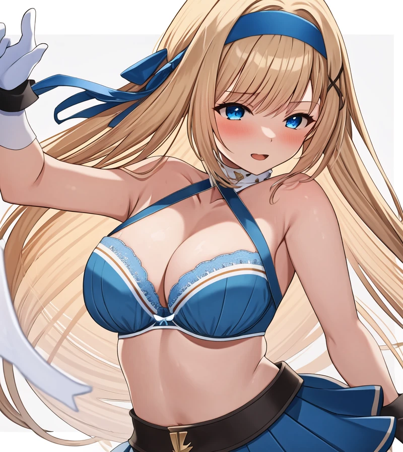 (masterpiece, best quality:1.2), 1girl, solo, blond hair, blue hairband, blue hair ribbon on the left, white-blue bra, black gloves, knight skirt, gray background