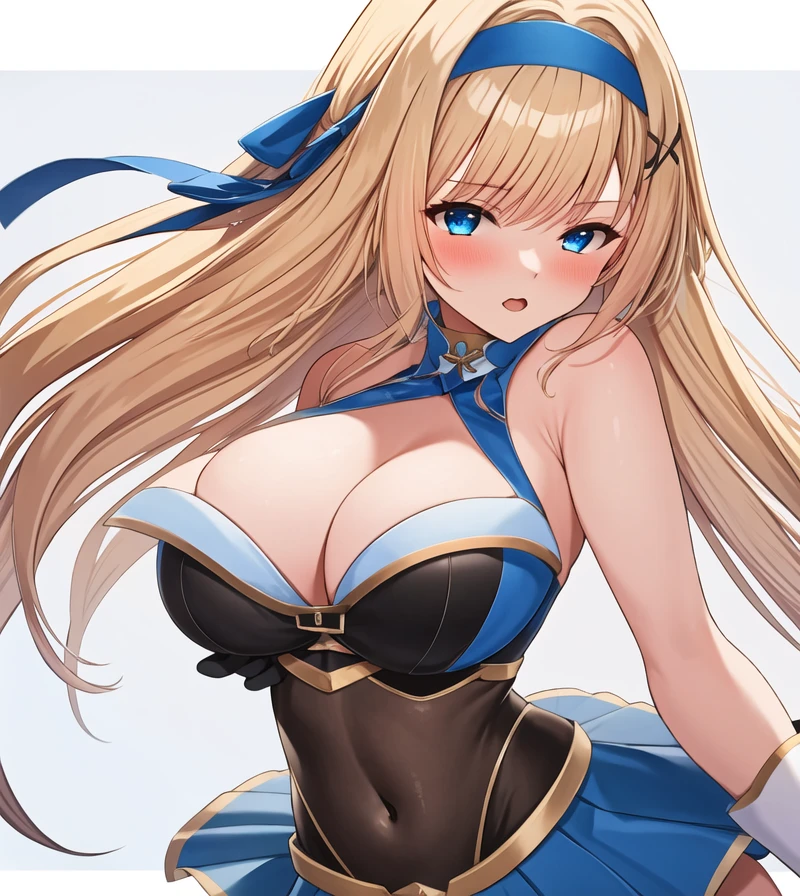 (masterpiece, best quality:1.2), 1girl, solo, blond hair, blue hairband, blue hair ribbon on the left, white-blue breast, black gloves, knight skirt, gray background