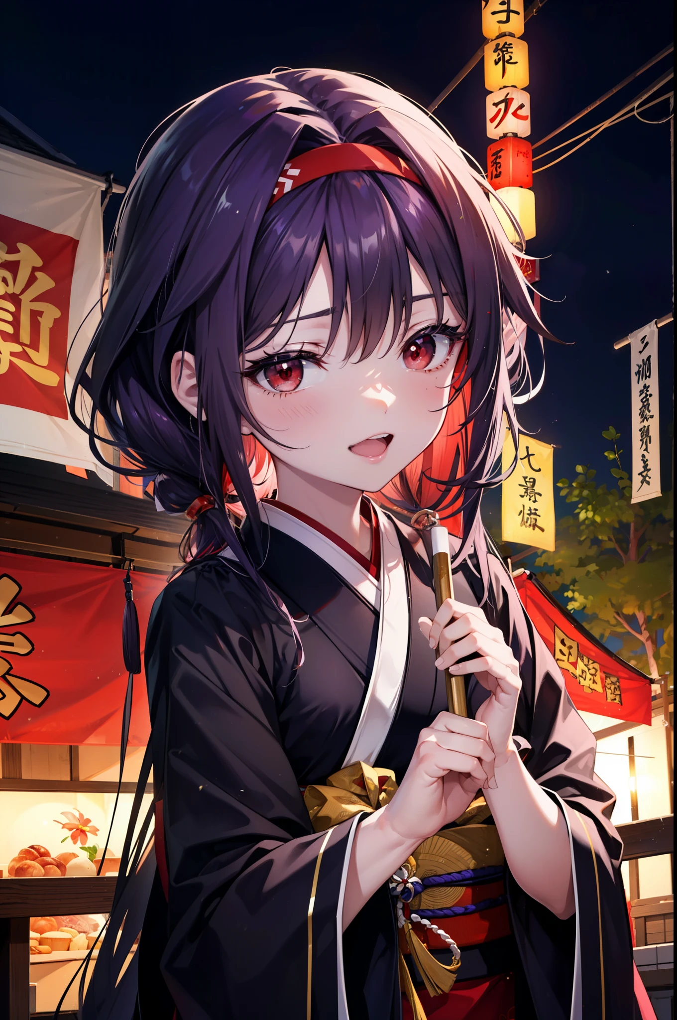 yuukikonno, Konno Yuuki, hair band, Long Hair, Pointed Ears, Purple Hair, (Red eyes:1.5), (Small breasts:1.2), Open your mouth,Open your mouth,Long Hair,happy smile, smile, Open your mouth,Purple Kimono,Long sleeve,Sandals,night空の花火,Fireworks display,Japanese Festivals,Summer festival food stalls,Red Lantern, night,whole bodyがイラストに入るように,Looking down from above,
break outdoors, shrine,                                              break looking at viewer,whole body,Upper Body,(Cowboy Shot:1. 5)
break (masterpiece:1.2), highest quality, High resolution, unity 8k wallpaper, (shape:0.8), (Beautiful and beautiful eyes:1.6), Highly detailed face, Perfect lighting, Highly detailed CG, (Perfect hands, Perfect Anatomy),